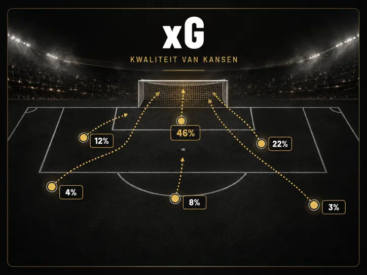 xG, kwaliteit van kansen: een veld met doelpogingen vanaf verschillende posities en de kans per positie, van 3% tot 46%